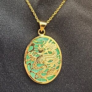 Gold and Jade Dragon Pendant - Vintage/Authentic